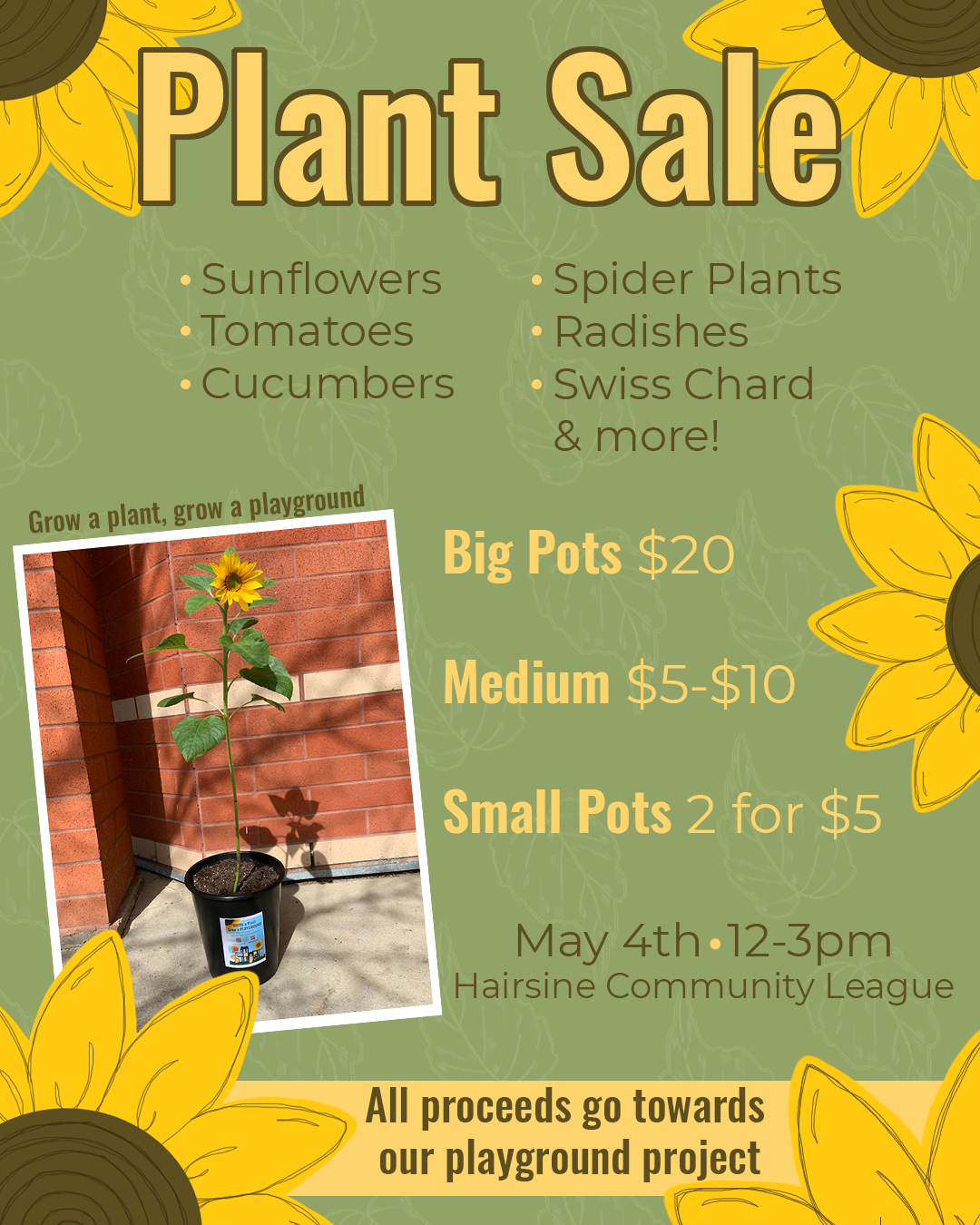 Plant Sale May 4th 12-3pm Big Pots $20 Medium $5-$10 and Small Pots 2 for $5